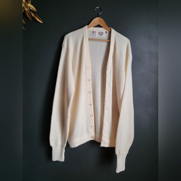 Vintage Woolen Mills Cream Grandpa Cardigan Button V Sz Tall XL USA Unisex - Picture 6 of 14